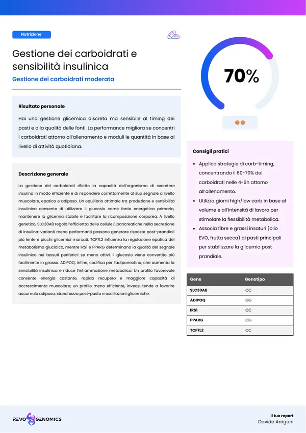 Pagina del report: gestione dei carboidrati