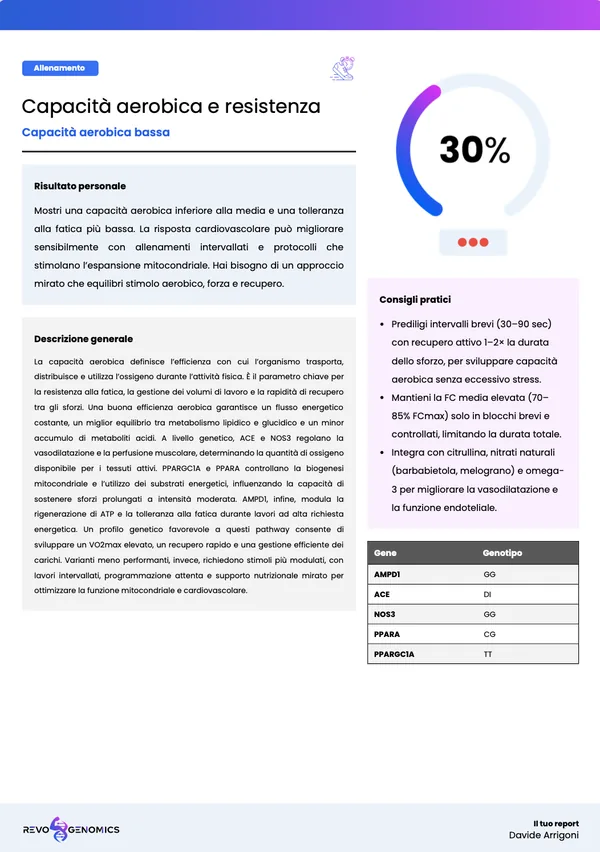 Pagina del report: capacità aerobica e resistenza